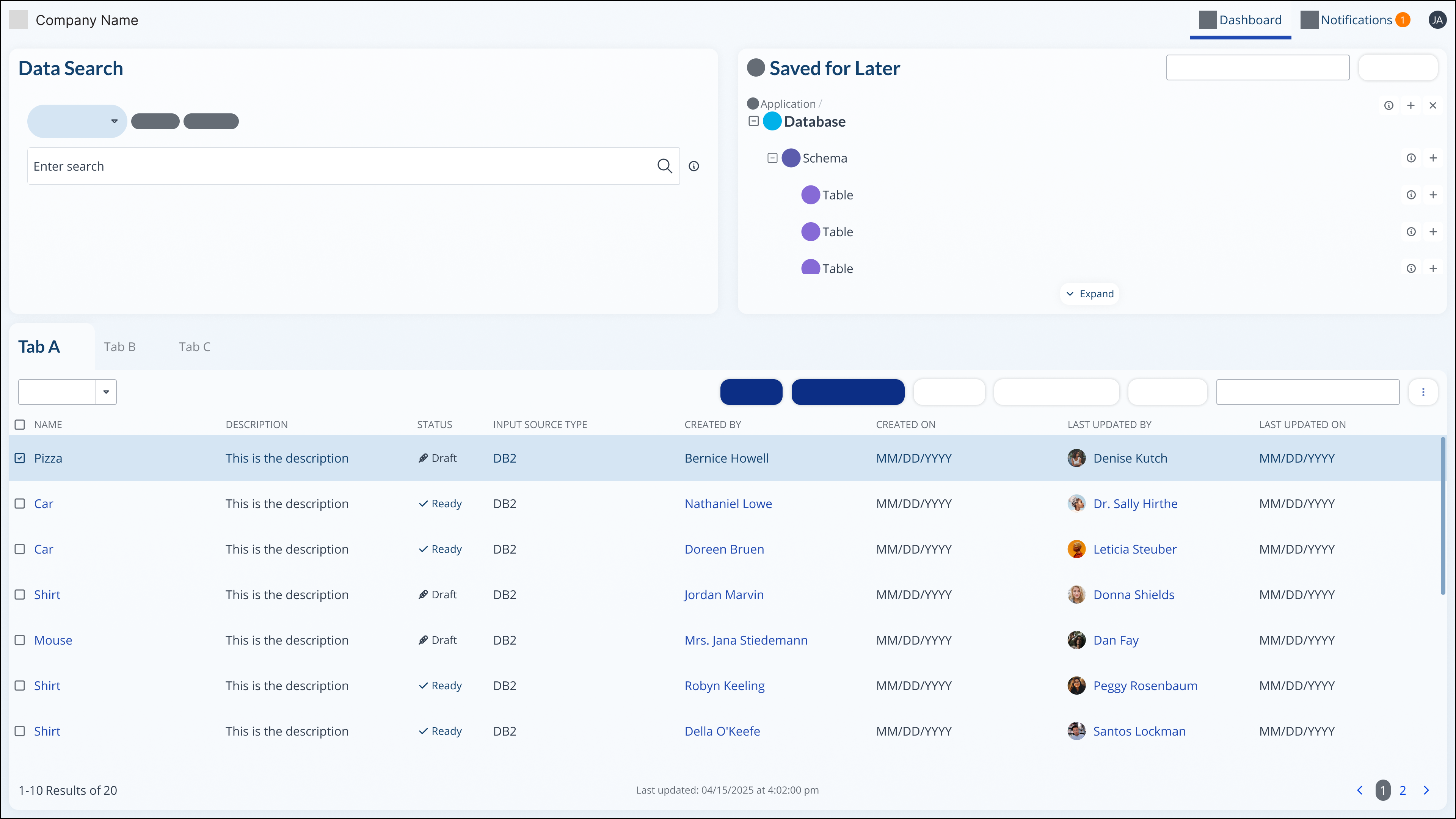 Data replication dashboard screen